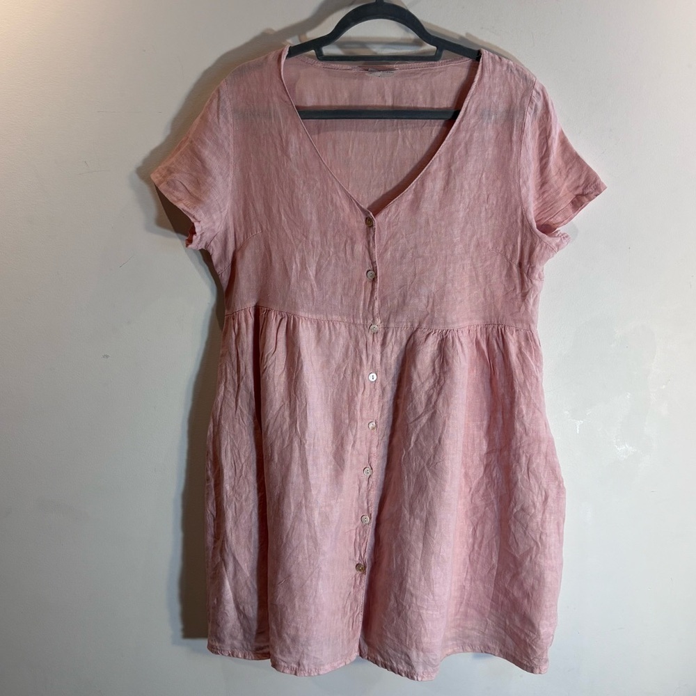 JILLIAN HARRIS & PRIV Sz M Button-Down Linen Dress Peplum Gathered Skirt V-Neck